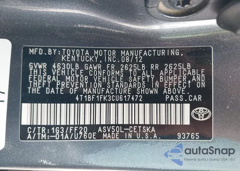 2012 Toyota Camry Se z USA, uszkodzony, nr VIN 4T1BF1FK3CU617472